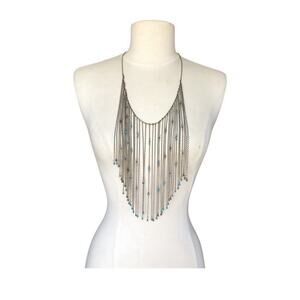 CN Signed Gunmetal Fringe Necklace Blue Bead Waterfall Bib Boho Statement